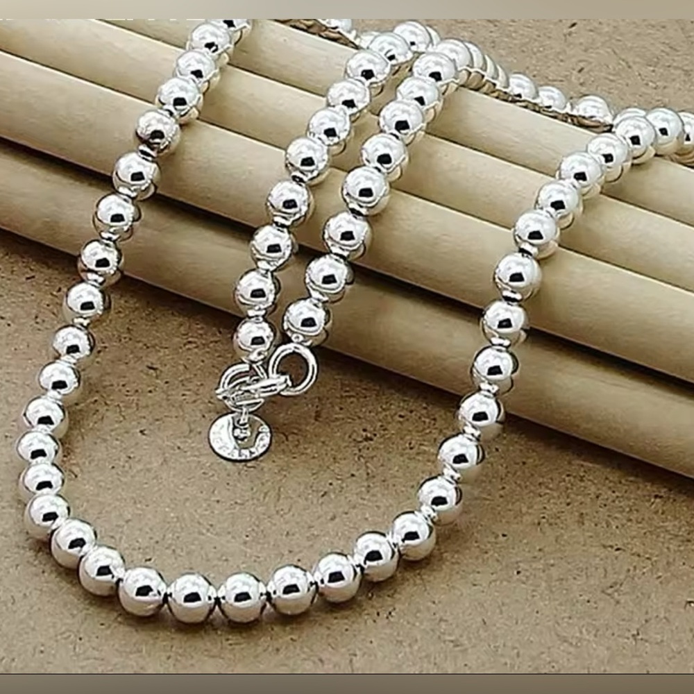 925 Sterling Silver Smooth Beads Ball Chain Necklace For Women Trendy Je…